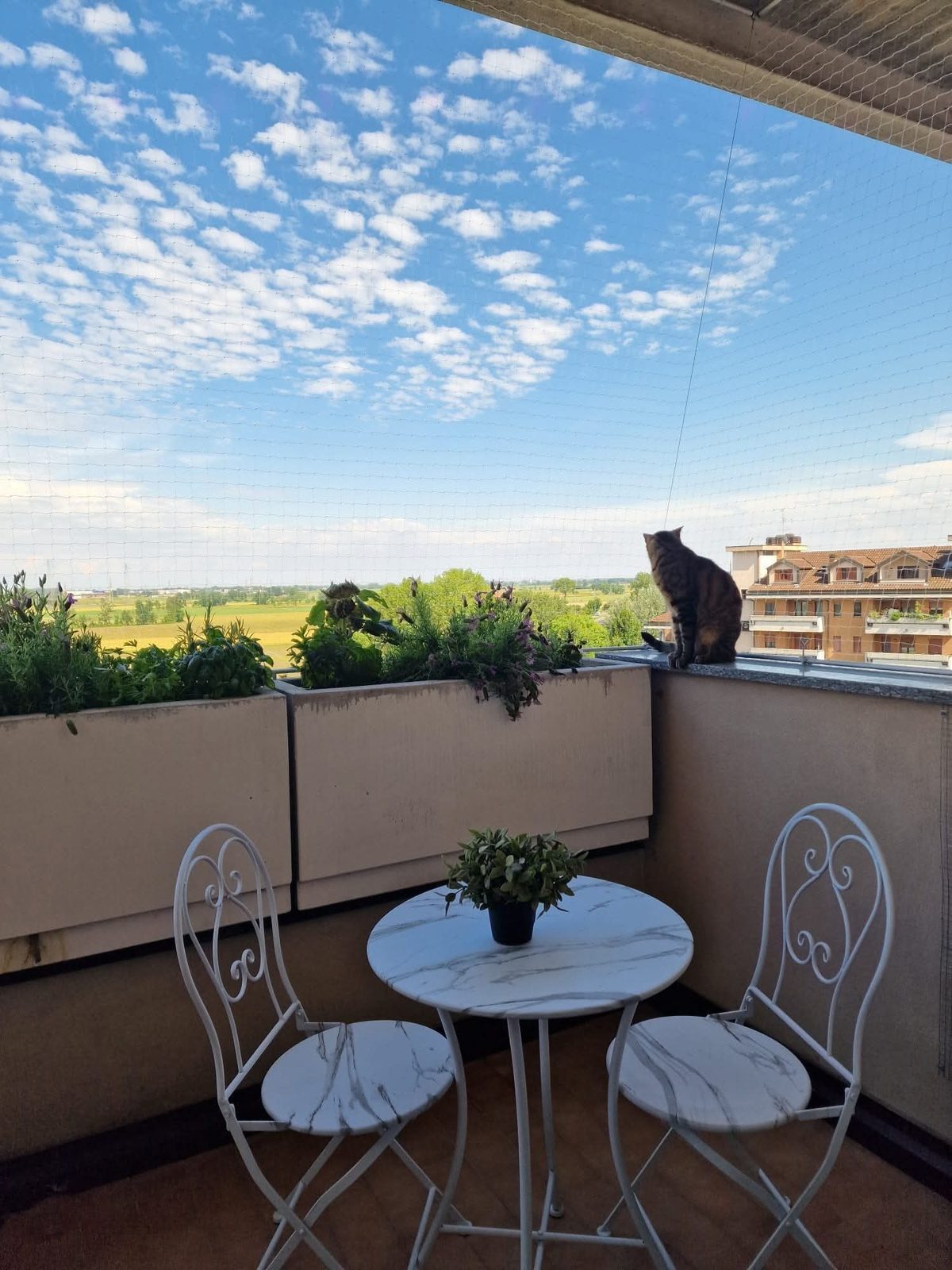 Balcone con fioriere protetto con rete in nylon e telaio in alluminio
